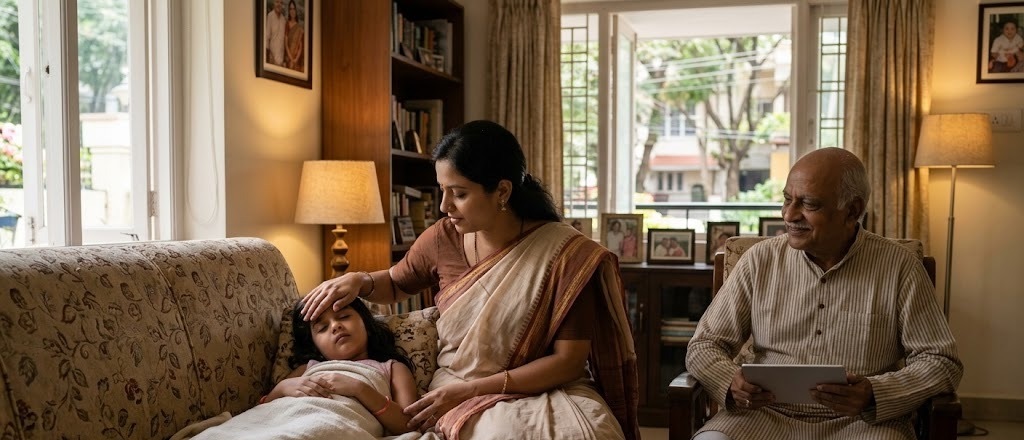 A mother at home rests her hand on her daughter's forehead as the girl lies on the sofa under a blanket, while the grandfather sits nearby with a tablet.